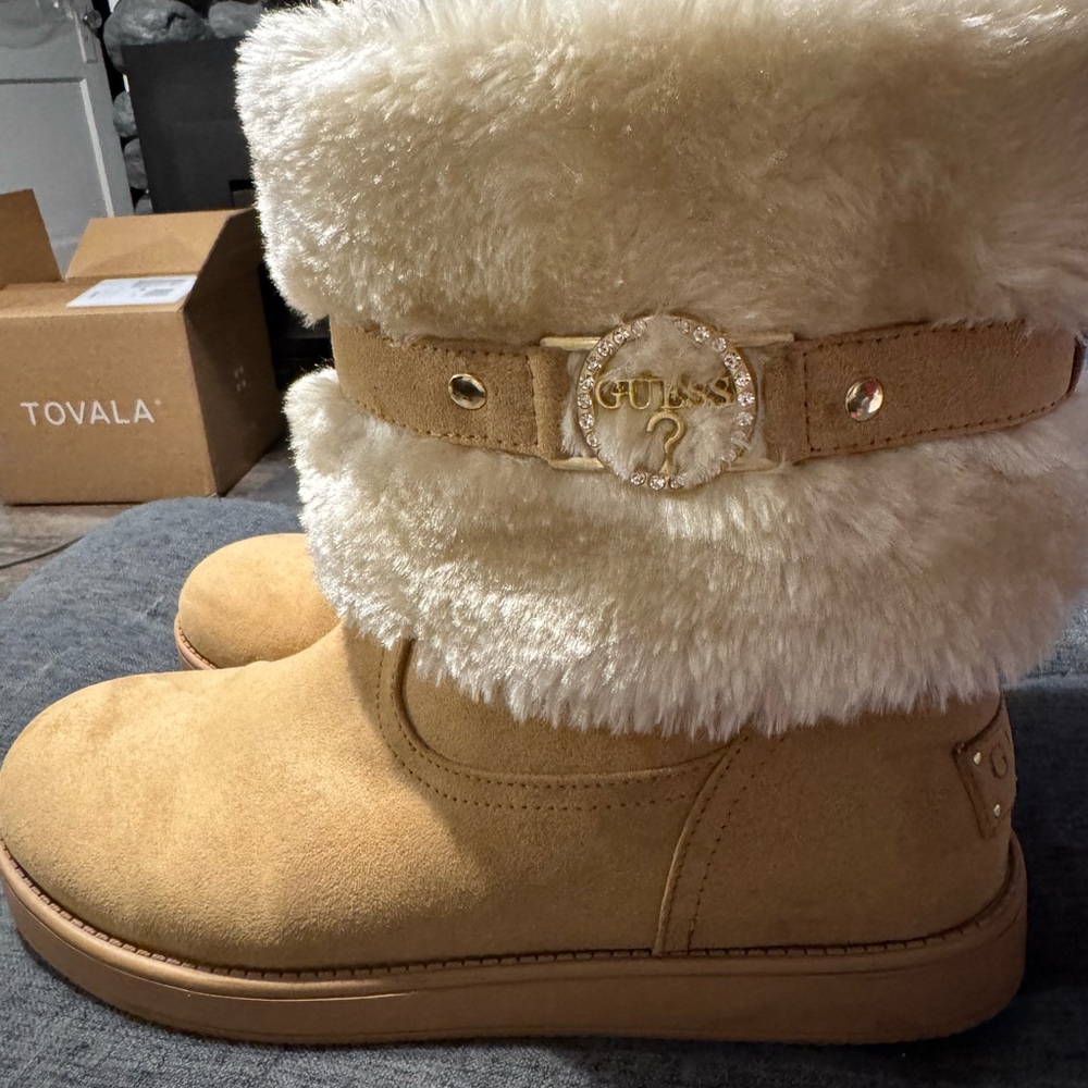Guess Cream and Tan Fur Boots